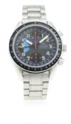 A GENTLEMAN'S STAINLESS STEEL OMEGA SPEEDMASTER AUTOMATIC TRIPLE CALENDAR CHRONOGRAPH BRACELET WATCH