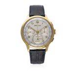 A RARE GENTLEMAN'S LARGE SIZE GOLD PLATED CHRONOGRAPHE SUISSE TRIPLE CALENDAR CHRONOGRAPH WRIST