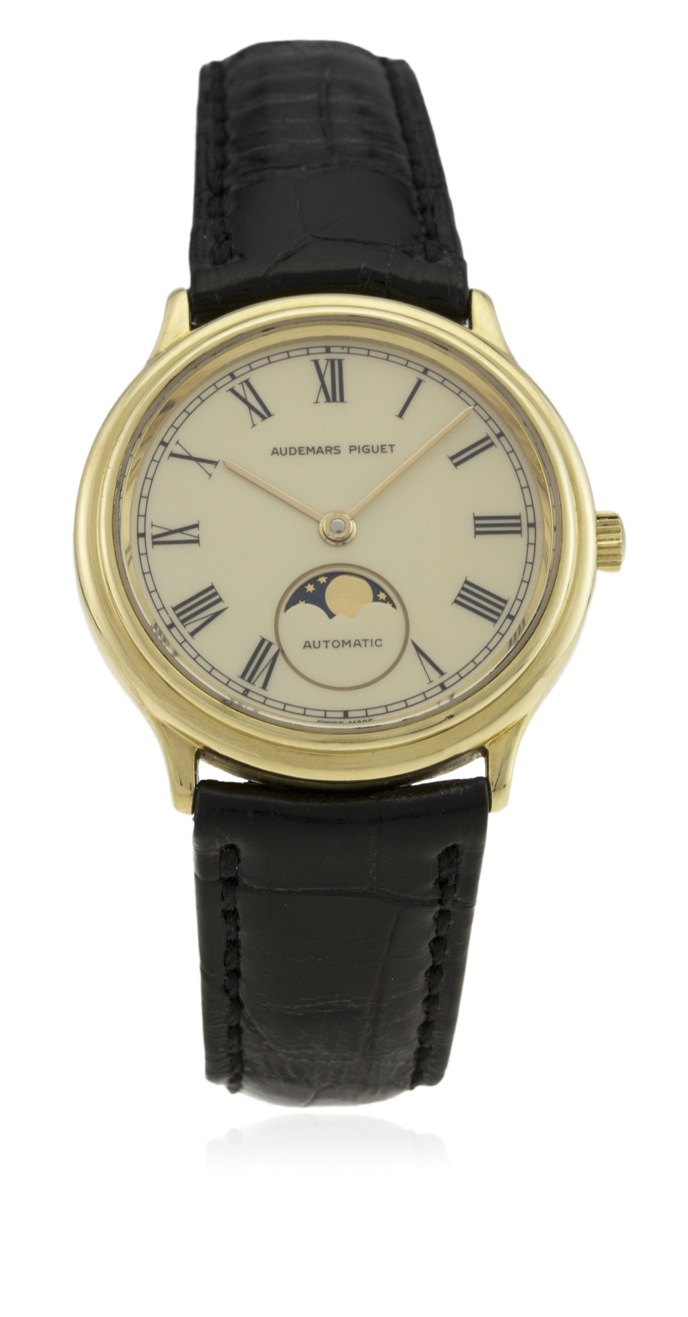 A RARE GENTLEMAN'S 18K SOLID GOLD AUDEMARS PIGUET MOONPHASE AUTOMATIC WRIST WATCH CIRCA 1980s D: