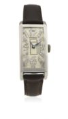 A GENTLEMAN'S PLATINUM LONGINES RECTANGULAR WRIST WATCH CIRCA 1930s D: Silver dial with original