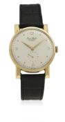 A GENTLEMAN'S 18K SOLID PINK GOLD PAUL BUHRE ANTIMAGNETIC WRIST WATCH CIRCA 1960 D: Silver dial with