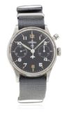 A RARE GENTLEMAN'S STAINLESS STEEL BRITISH MILITARY ROYAL NAVY LEMANIA SINGLE BUTTON CHRONOGRAPH