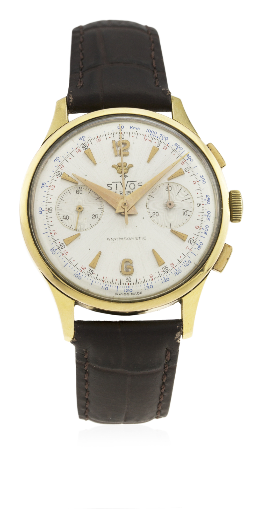 A GENTLEMAN'S 18K SOLID GOLD SIVOS CHRONOGRAPH WRIST WATCH CIRCA 1950s  D: Silver dial with gilt