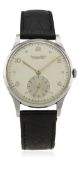 A RARE GENTLEMAN'S STAINLESS STEEL IWC SCHAFFHAUSEN WRIST WATCH CIRCA 1950s D: Silver dial with bi-