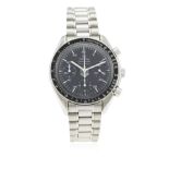 A RARE GENTLEMAN'S STAINLESS STEEL OMEGA SPEEDMASTER AUTOMATIC CHRONOGRAPH BRACELET WATCH CIRCA