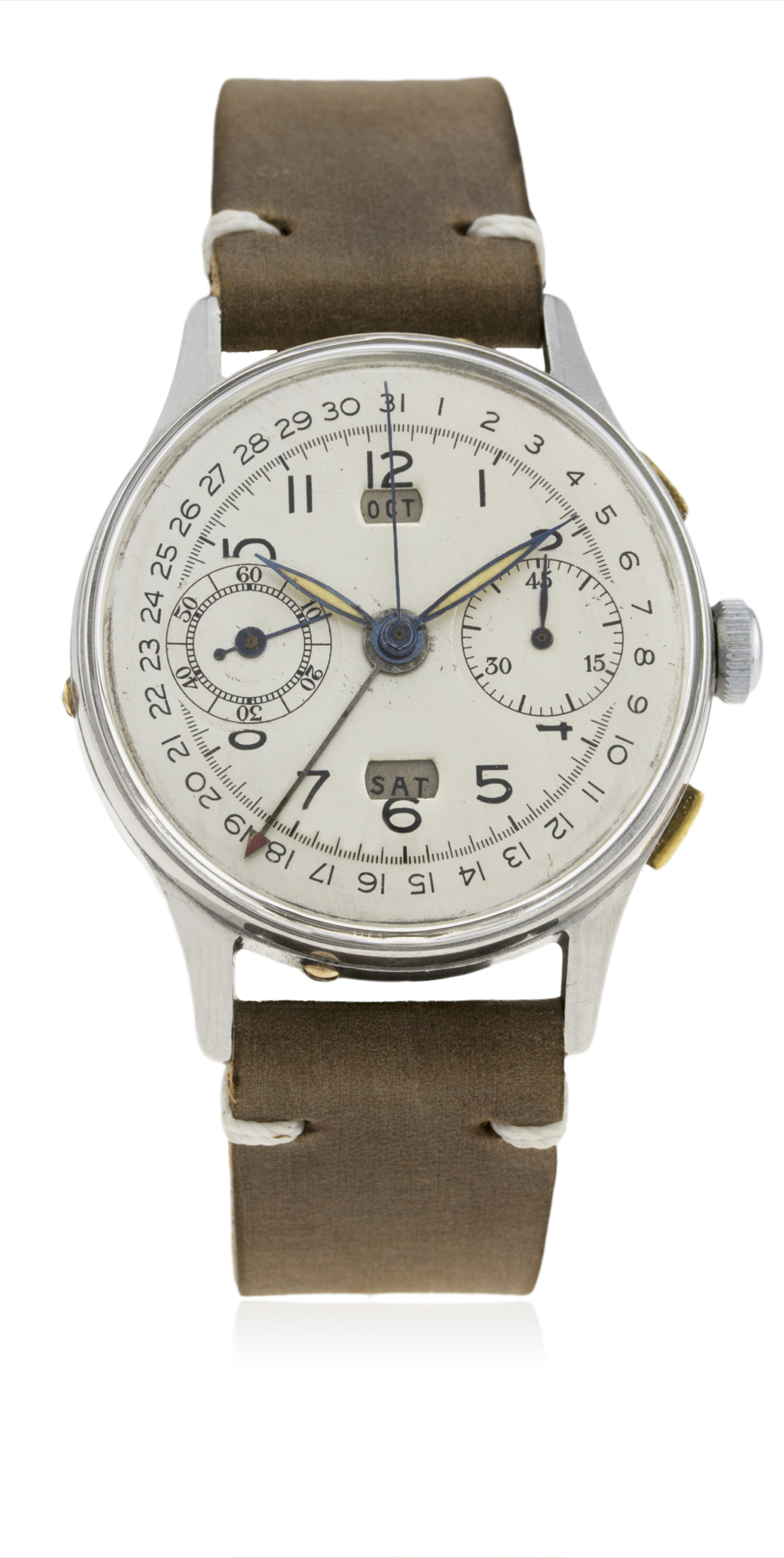 A GENTLEMAN'S STAINLESS STEEL ANGELUS CHRONODATO WRIST WATCH CIRCA 1940s WITH REFINISHED DIAL D: