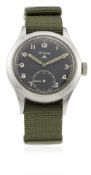 A RARE GENTLEMAN'S STAINLESS STEEL BRITISH MILITARY GRANA W.W.W. WRIST WATCH CIRCA 1940s D: Black