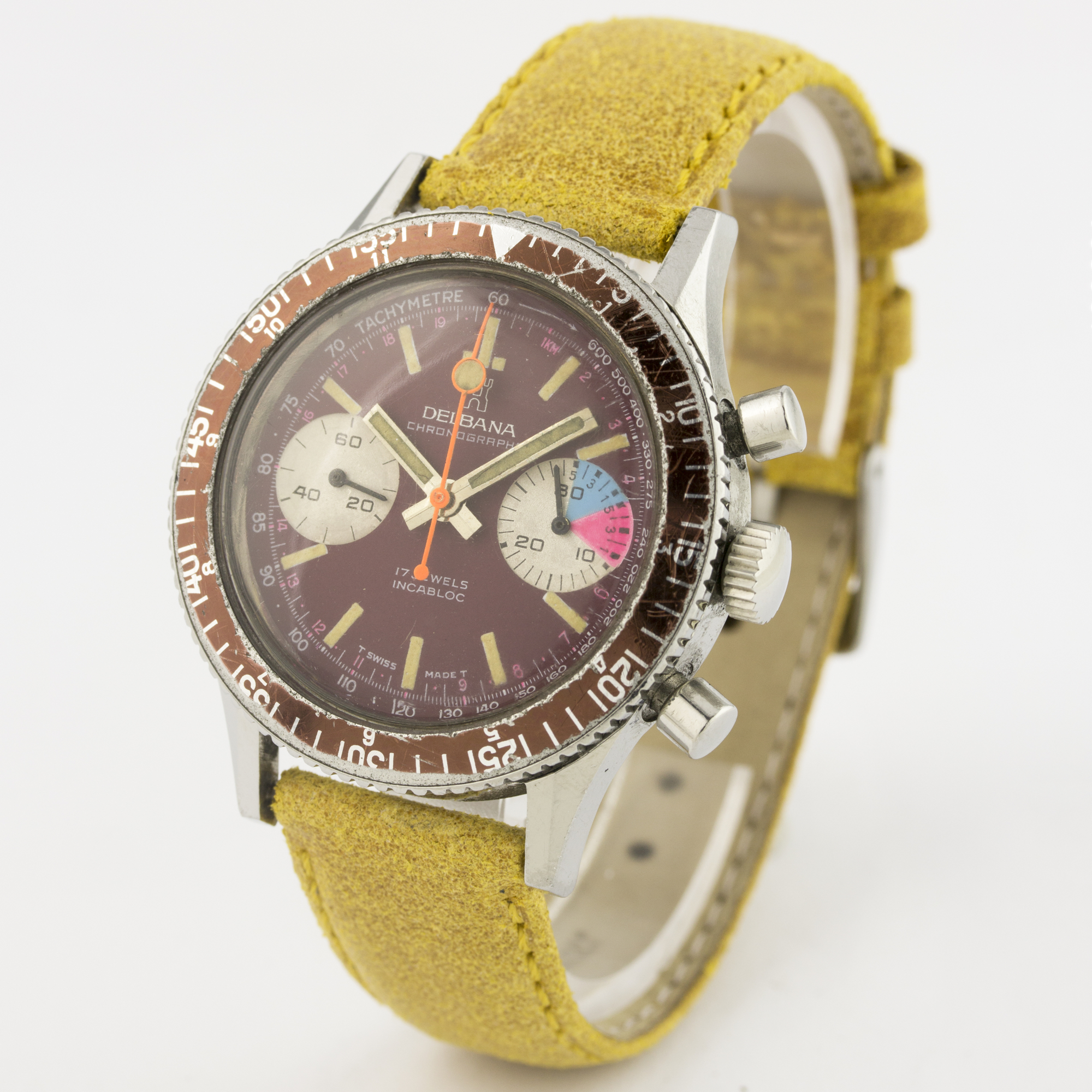 A GENTLEMAN'S STAINLESS STEEL DELBANA YACHTING CHRONOGRAPH WRIST WATCH CIRCA 1970s D: Red dial - Image 3 of 6