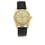 A FINE & RARE GENTLEMAN'S 18K SOLID PINK GOLD OMEGA SEAMASTER CALENDAR WRIST WATCH CIRCA 1956,