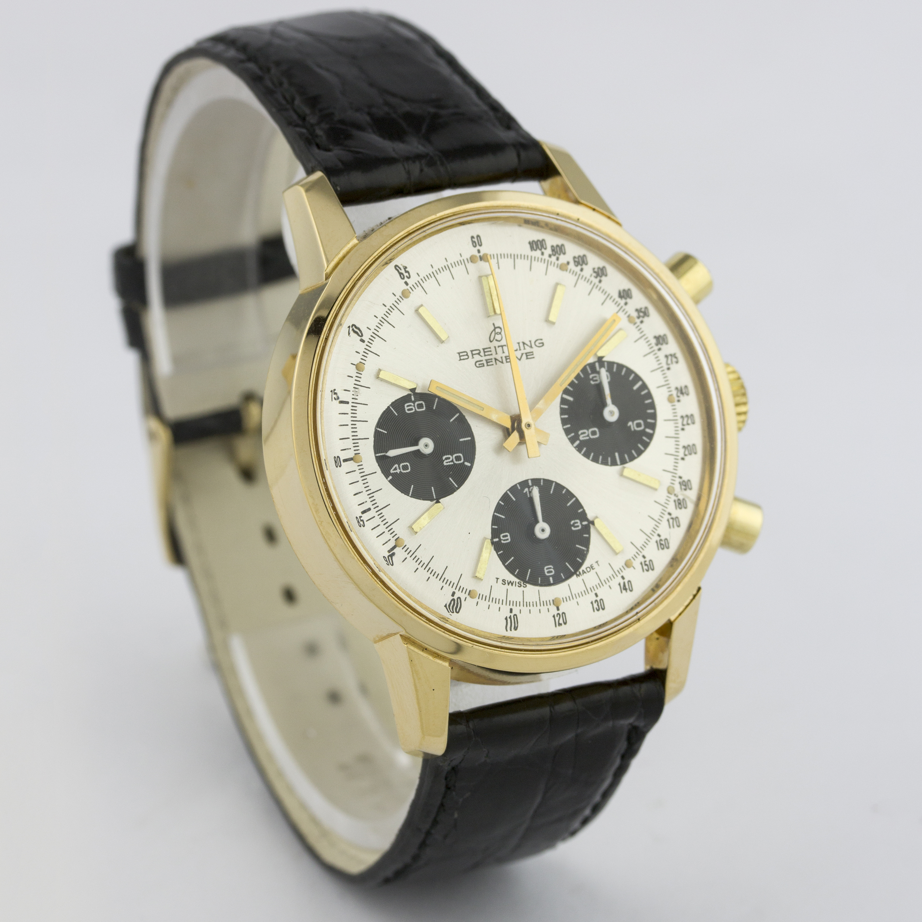 A RARE GENTLEMAN'S "NOS" GOLD PLATED BREITLING "LONG PLAYING" CHRONOGRAPH WRIST WATCH CIRCA 1970s, - Image 4 of 5