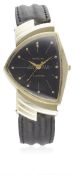 A GENTLEMAN'S 14K SOLID GOLD HAMILTON ELECTRIC WRIST WATCH CIRCA 1960 D: Gloss black dial with