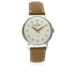 A GENTLEMAN'S STAINLESS STEEL IWC AUTOMATIC WRIST WATCH CIRCA 1950s D: Silver dial with gilt "