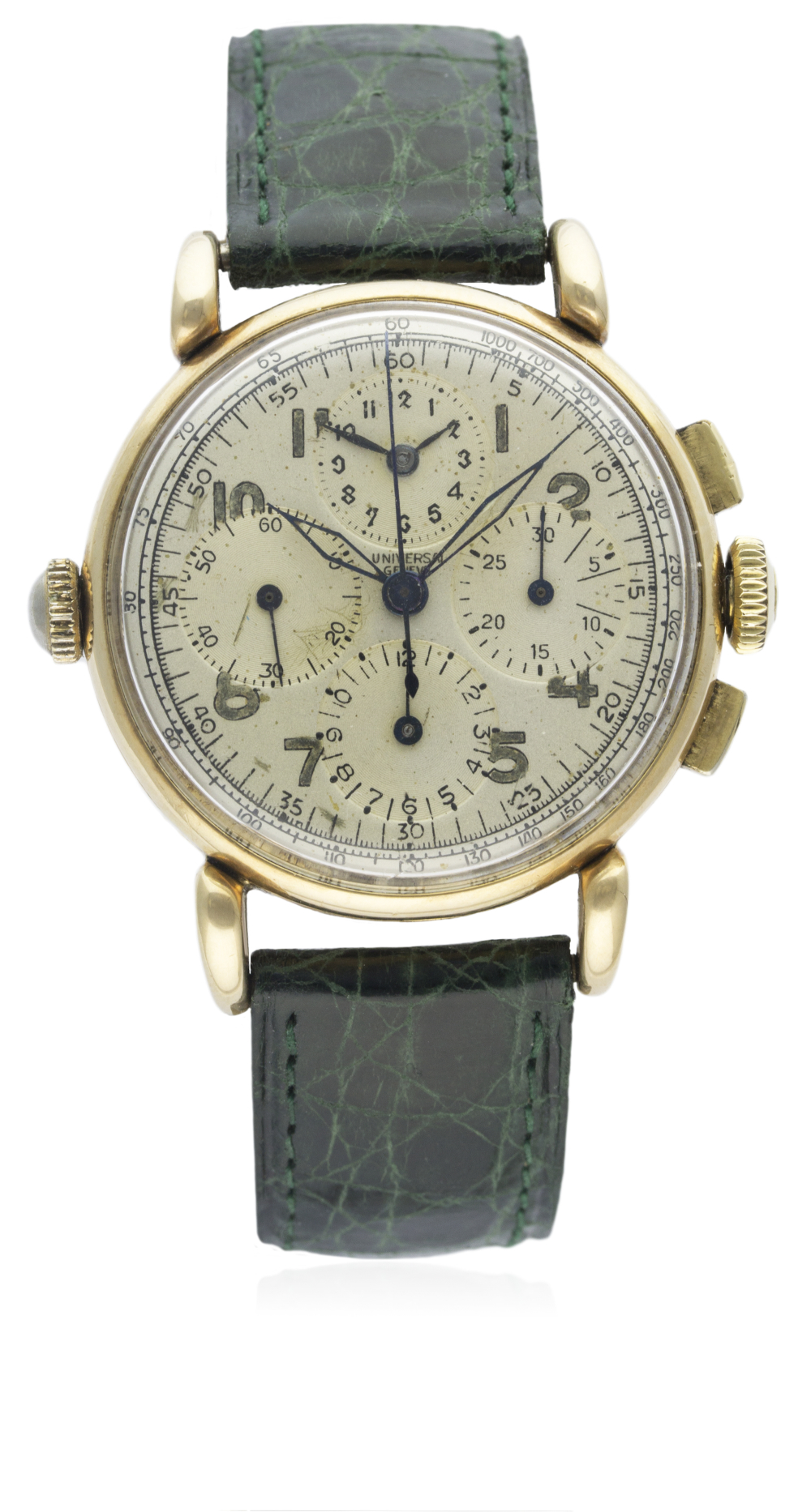 A GENTLEMAN'S 14K SOLID GOLD UNIVERSAL GENEVE AERO COMPAX CHRONOGRAPH WRIST WATCH CIRCA 1940s,