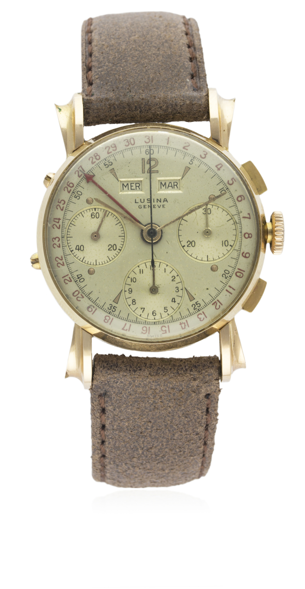 A GENTLEMAN'S 18K SOLID PINK GOLD LUSINA TRIPLE CALENDAR CHRONOGRAPH WRIST WATCH CIRCA 1940s D: