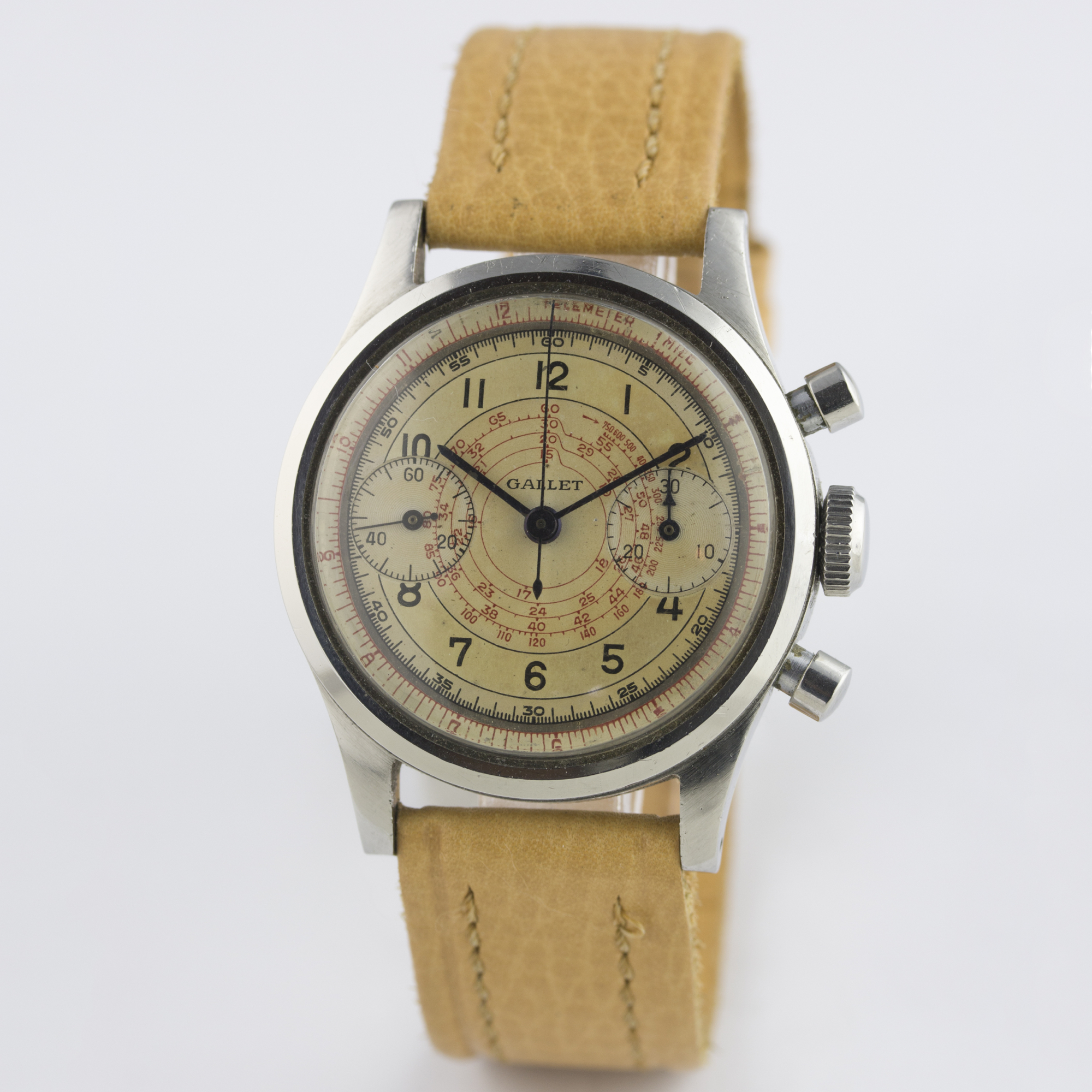 A RARE GENTLEMAN'S STAINLESS STEEL GALLET WATERPROOF "CLAMSHELL" CHRONOGRAPH WRIST WATCH CIRCA 1940s - Image 3 of 6