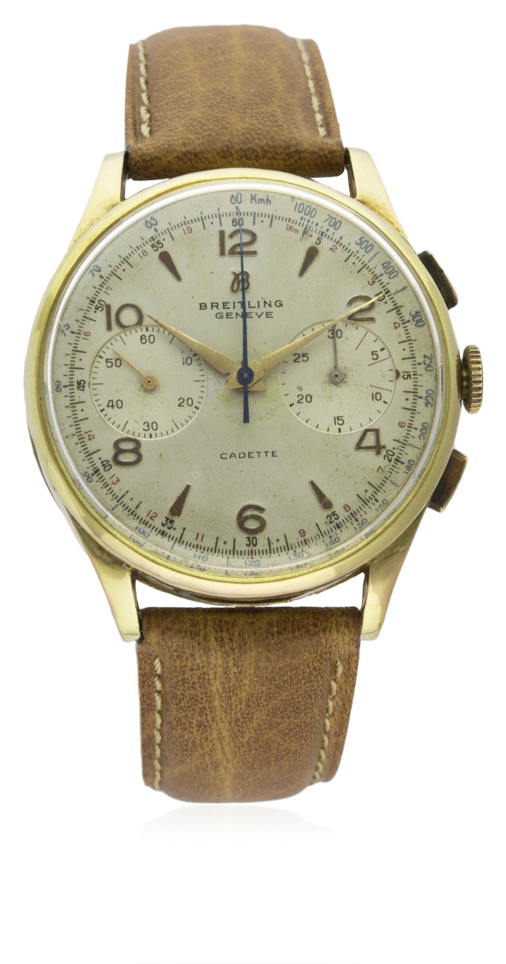 A GENTLEMAN'S LARGE SIZE 18K SOLID GOLD BREITLING CADETTE CHRONOGRAPH WRIST WATCH CIRCA 1950s,