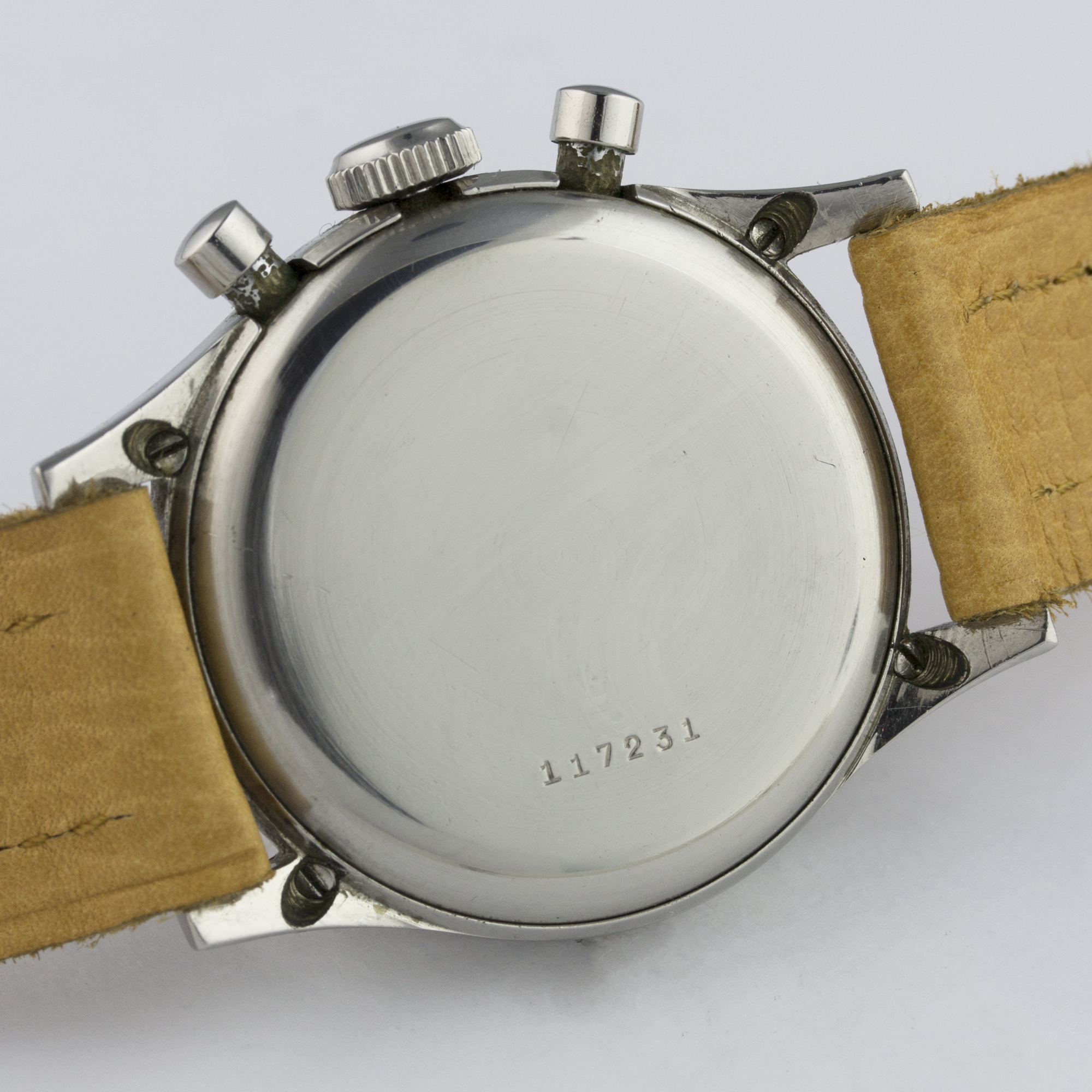 A RARE GENTLEMAN'S STAINLESS STEEL GALLET WATERPROOF "CLAMSHELL" CHRONOGRAPH WRIST WATCH CIRCA 1940s - Image 6 of 6