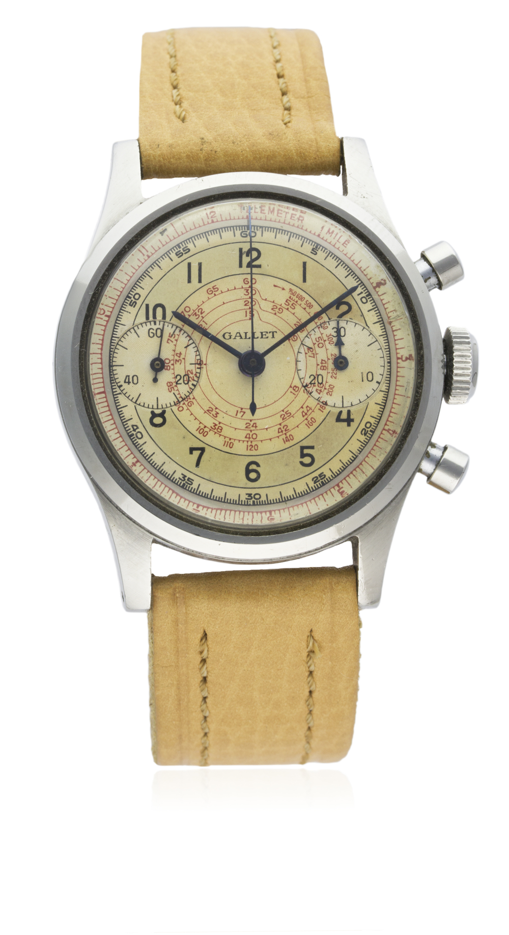 A RARE GENTLEMAN'S STAINLESS STEEL GALLET WATERPROOF "CLAMSHELL" CHRONOGRAPH WRIST WATCH CIRCA 1940s - Image 2 of 6