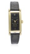 A GENTLEMAN'S 14K SOLID GOLD LONGINES RECTANGULAR WRIST WATCH CIRCA 1944 D: Gloss black dial with