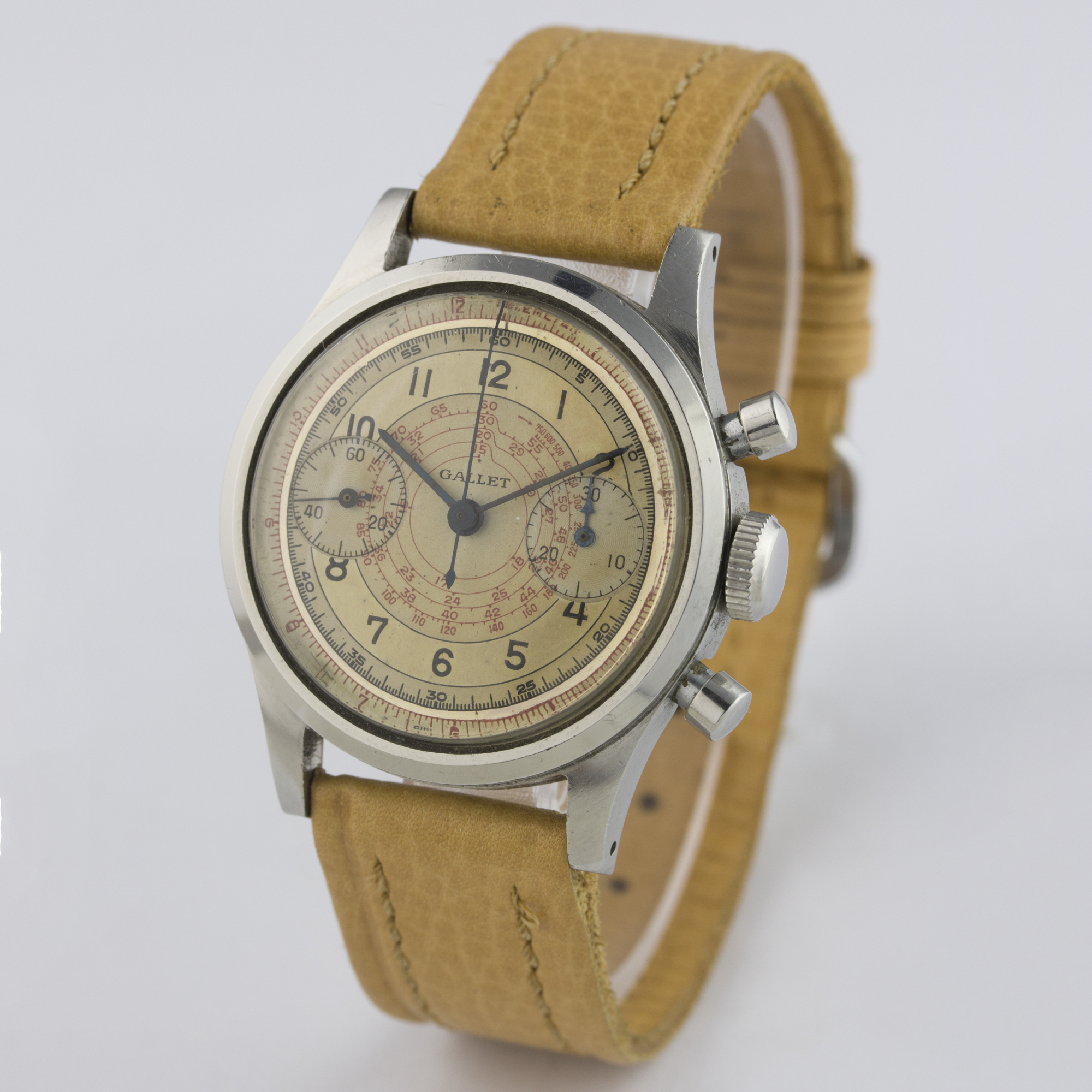 A RARE GENTLEMAN'S STAINLESS STEEL GALLET WATERPROOF "CLAMSHELL" CHRONOGRAPH WRIST WATCH CIRCA 1940s - Image 4 of 6