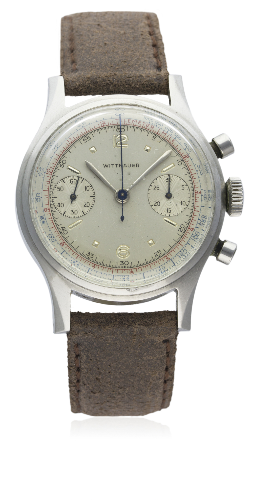 A GENTLEMAN’S STAINLESS STEEL WITTNAUER CHRONOGRAPH WRIST WATCH CIRCA 1960s  D: Silver dial with