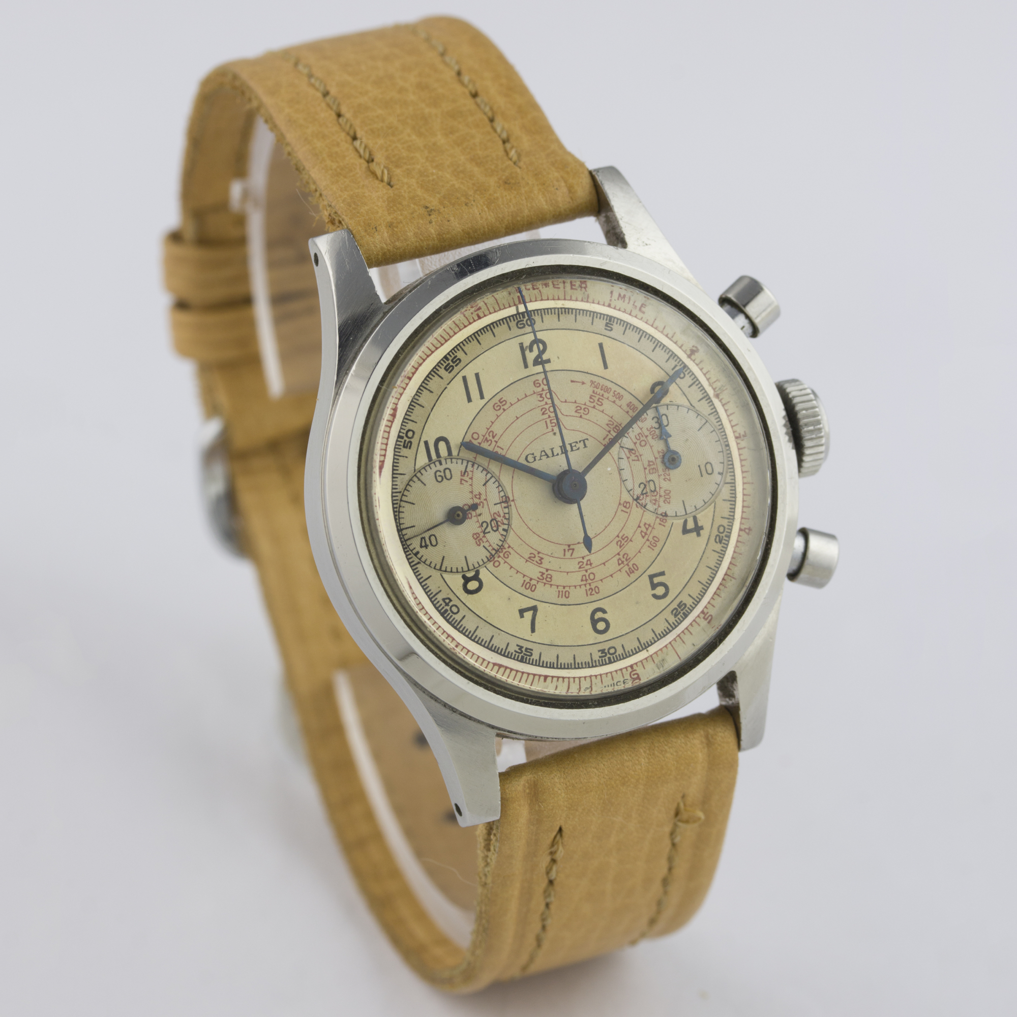 A RARE GENTLEMAN'S STAINLESS STEEL GALLET WATERPROOF "CLAMSHELL" CHRONOGRAPH WRIST WATCH CIRCA 1940s - Image 5 of 6