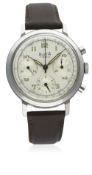 A GENTLEMAN'S LARGE SIZE STAINLESS STEEL ALSTA CHRONOGRAPH WRIST WATCH CIRCA 1950s D: Silver dial