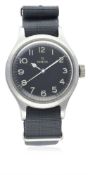 A GENTLEMAN'S STAINLESS STEEL BRITISH MILITARY RAF OMEGA PILOTS WRIST WATCH DATED 1956 D: Black dial