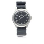 A GENTLEMAN'S STAINLESS STEEL BRITISH MILITARY RAF OMEGA PILOTS WRIST WATCH DATED 1956 D: Black dial