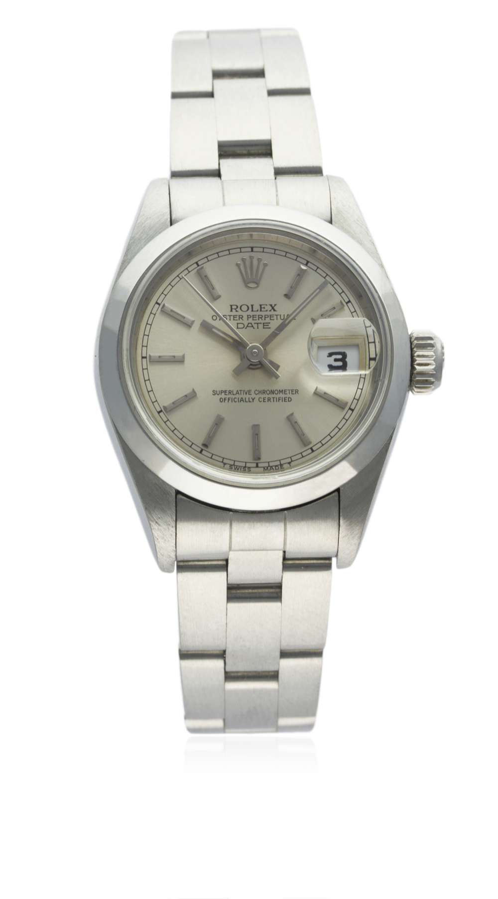 A LADIES STAINLESS STEEL ROLEX OYSTER PERPETUAL DATE BRACELET WATCH CIRCA 1993, REF. 69160 D: Silver