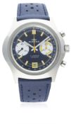 A GENTLEMAN'S STAINLESS STEEL DUGENA CHRONOGRAPH WRIST WATCH CIRCA 1970s D: Blue & grey dial with