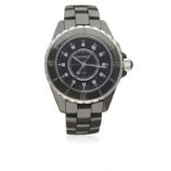 A LADIES MID SIZE BLACK CERAMIC & DIAMOND CHANEL J12 BRACELET WATCH CIRCA 2008 D: Black dial with