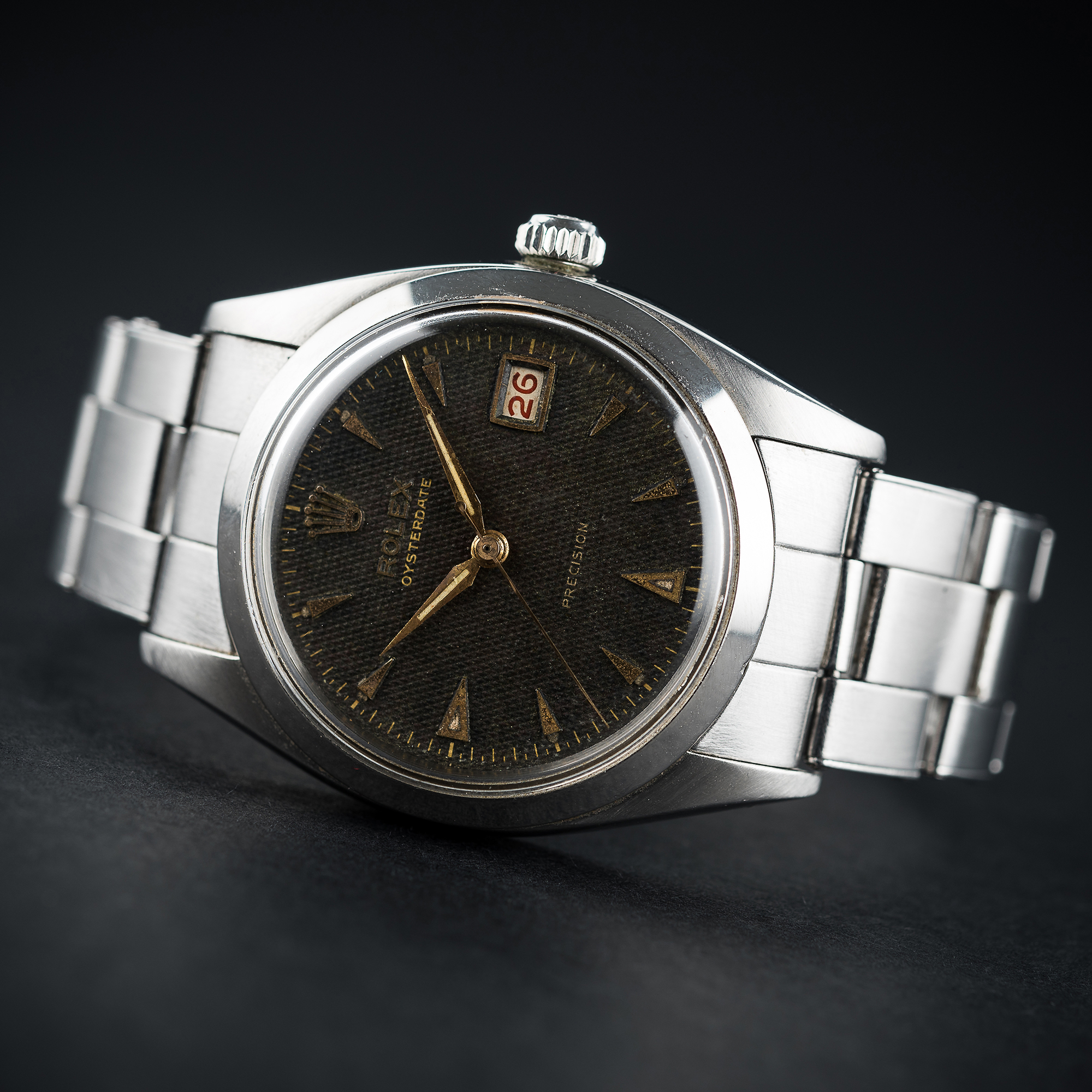 A RARE GENTLEMAN'S STAINLESS STEEL ROLEX OYSTERDATE PRECISION BRACELET WATCH CIRCA 1956, REF. 6494