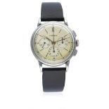 A RARE GENTLEMAN'S STAINLESS STEEL LEMANIA CHRONOGRAPH WRIST WATCH CIRCA 1950s  D: Two tone silver