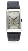A GENTLEMAN'S LARGE SIZE SOLID SILVER OMEGA RECTANGULAR WRIST WATCH CIRCA 1930 D: Silver dial with