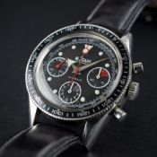 A RARE GENTLEMAN'S STAINLESS STEEL LEJOUR CHRONOGRAPH WRIST WATCH CIRCA 1960s  D: Black dial with