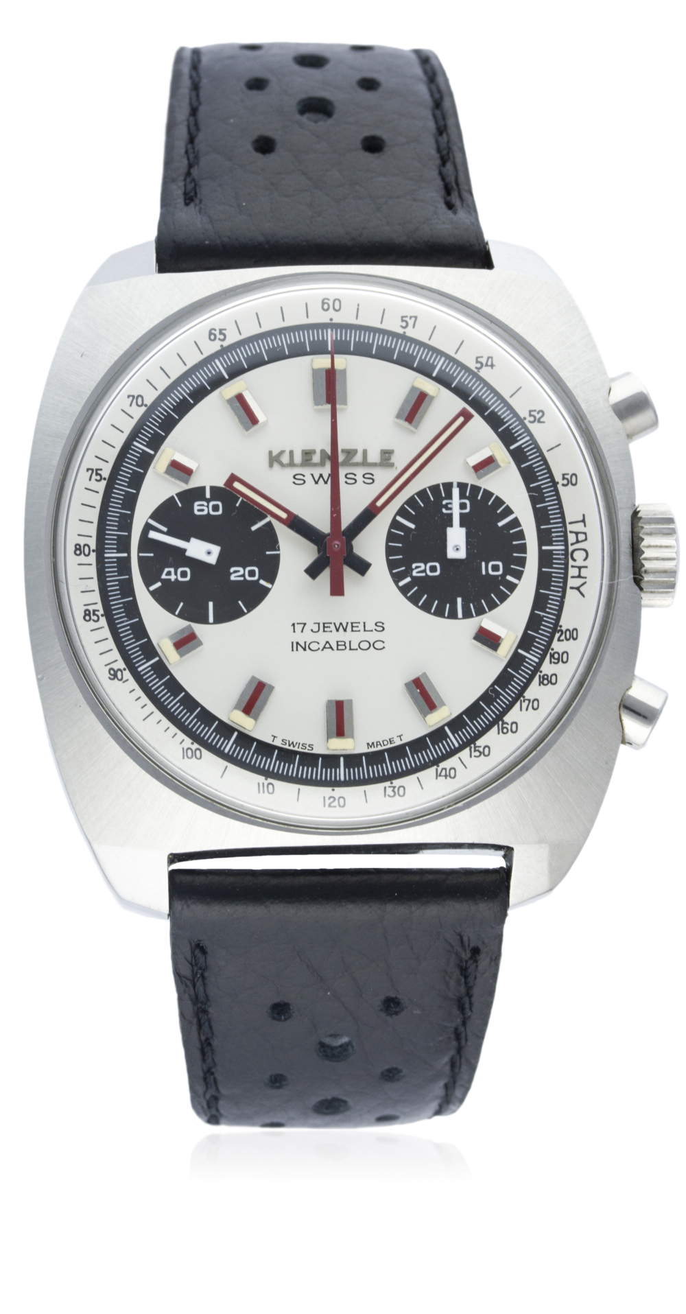 A GENTLEMAN'S STAINLESS STEEL KIENZLE CHRONOGRAPH WRIST WATCH CIRCA 1970s D: Silver & black "