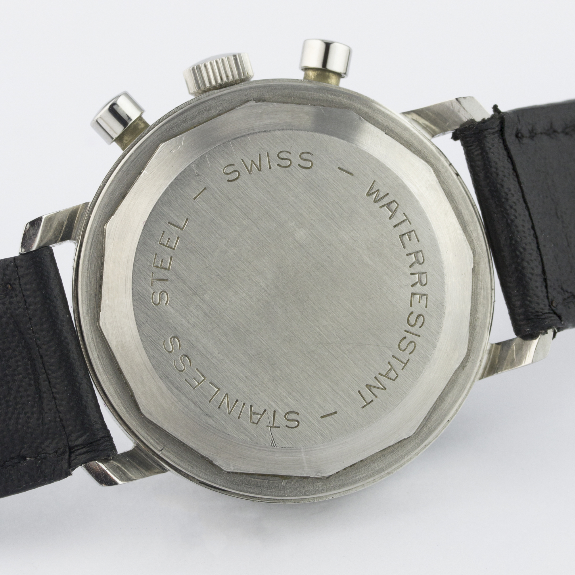 A GENTLEMAN’S STAINLESS STEEL VANTAGE CHRONOGRAPH WRIST WATCH CIRCA 1970 D: Black dial with luminous - Image 5 of 7