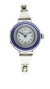 A LADIES SOLID SILVER & ENAMEL ROLEX BRACELET WATCH CIRCA 1920s D: Enamel dial with Arabic