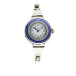 A LADIES SOLID SILVER & ENAMEL ROLEX BRACELET WATCH CIRCA 1920s D: Enamel dial with Arabic