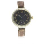 A GENTLEMAN'S BRITISH MILITARY ISSUED "TRENCH" WRIST WATCH CIRCA WW1 D: Black enamel dial with