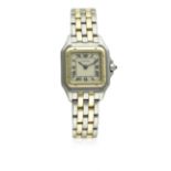 A LADIES STEEL & GOLD CARTIER PANTHERE BRACELET WATCH CIRCA 1990s D: Silver dial with Roman numerals