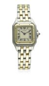 A LADIES STEEL & GOLD CARTIER PANTHERE BRACELET WATCH CIRCA 1990s D: Silver dial with Roman numerals