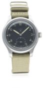 A GENTLEMAN'S STAINLESS STEEL BRITISH MILITARY CYMA W.W.W. WRIST WATCH CIRCA 1940s D: Black dial