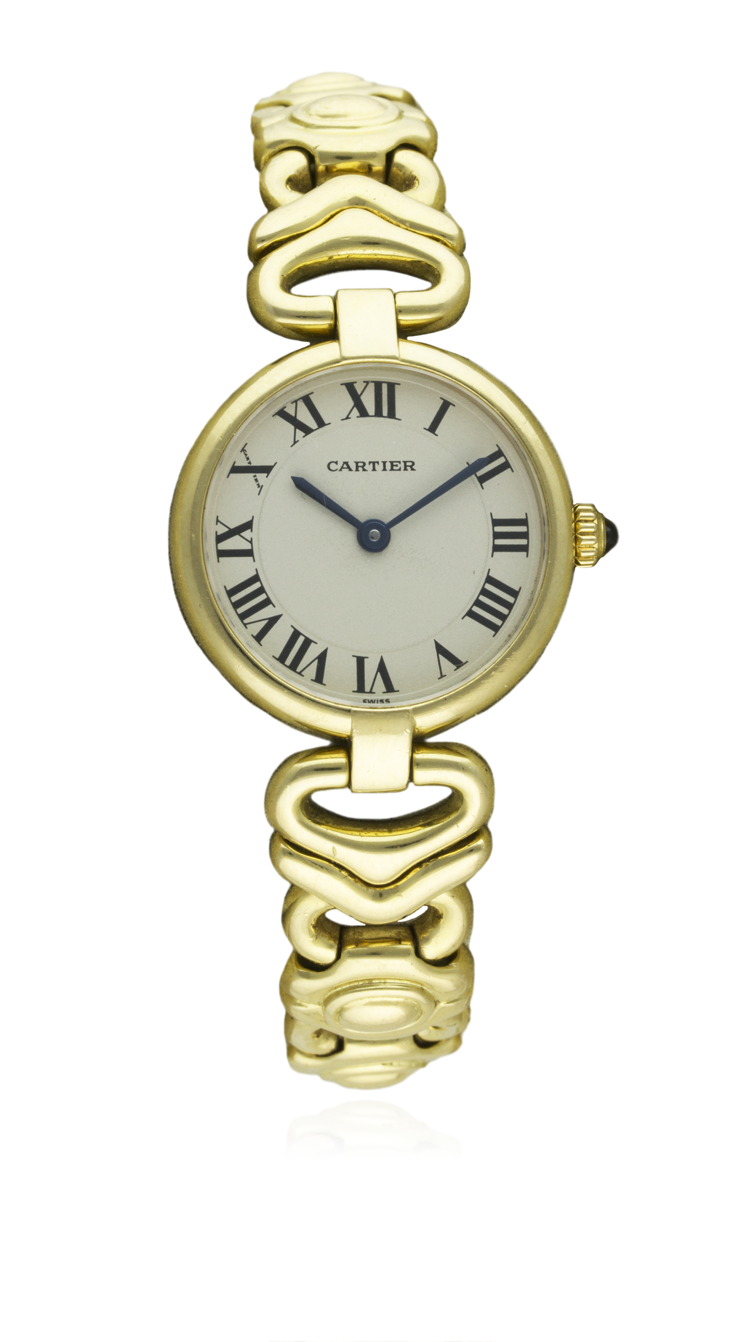 A LADIES 18K SOLID YELLOW GOLD CARTIER VENDOME BRACELET WATCH CIRCA 1990s  D: Silver dial with Roman