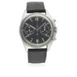 A GENTLEMAN'S STAINLESS STEEL BRITISH MILITARY CWC ROYAL NAVY CHRONOGRAPH WRIST WATCH DATED 1974