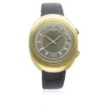 A RARE GENTLEMAN'S 18K SOLID GOLD JAEGER LECOULTRE MEMOVOX AUTOMATIC SPEED BEAT GT WRIST WATCH CIRCA