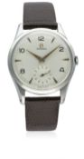 A GENTLEMAN'S STAINLESS STEEL OMEGA WRIST WATCH CIRCA 1954, REF. 2750-5 D: Silver dial with bi-