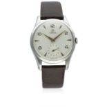 A GENTLEMAN'S STAINLESS STEEL OMEGA WRIST WATCH CIRCA 1954, REF. 2750-5 D: Silver dial with bi-