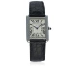 A LADIES STAINLESS STEEL CARTIER TANK SOLO WRIST WATCH CIRCA 2010, REF. 3170 D: Silver dial with